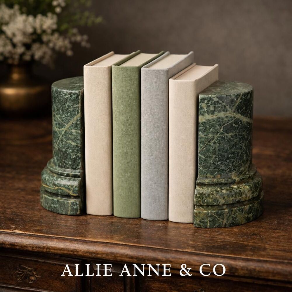 Vintage Green Marble Column Bookends | Solid Stone MCM Library Decor